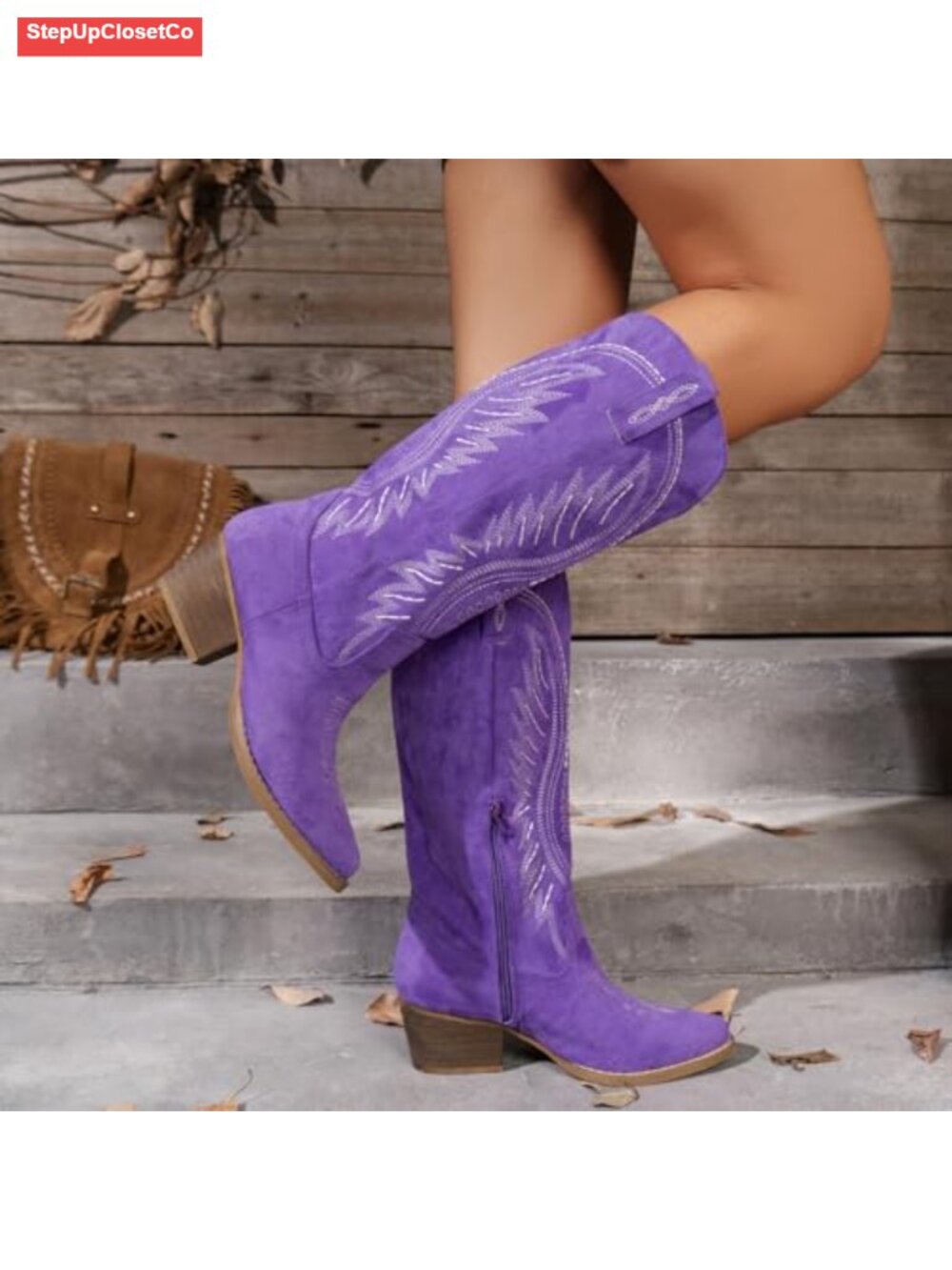 Embroidered Western Cowboy Booties with Chunky Block Heel, Side Zipper Suede - Picture 5 of 6